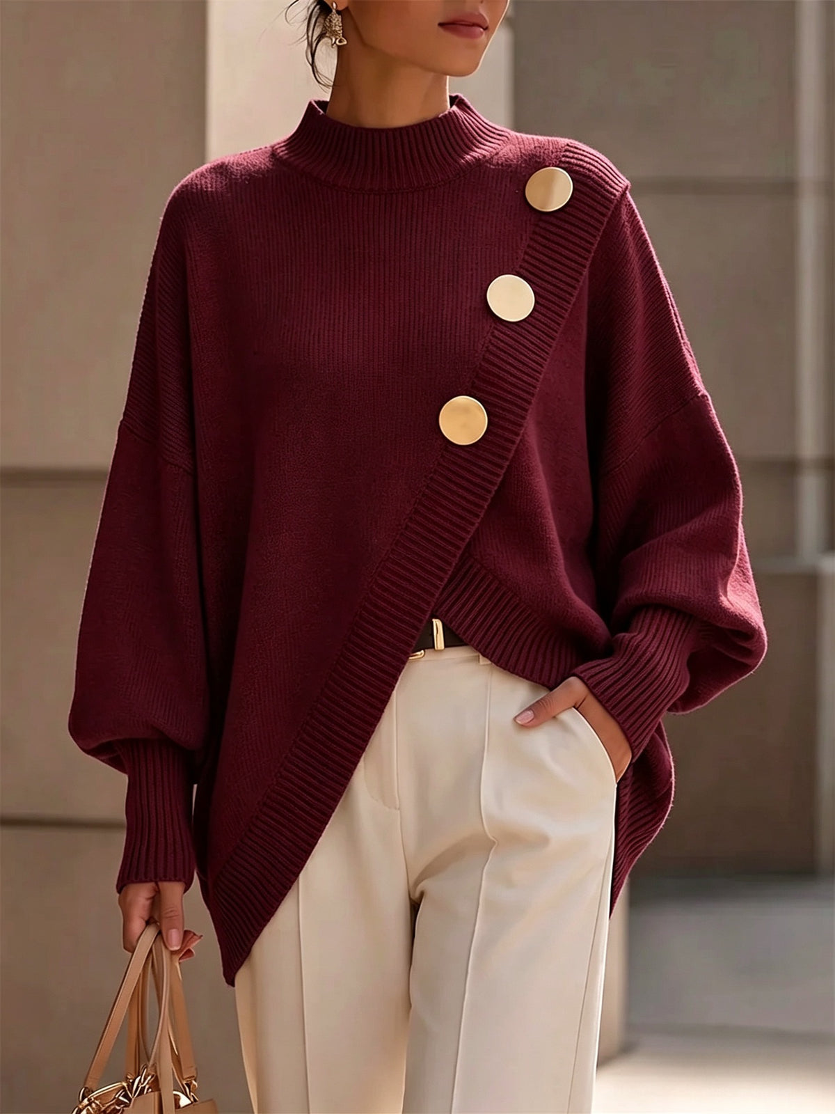 Women's solid color long sleeved casual irregular elegant sweater in autumn and winter