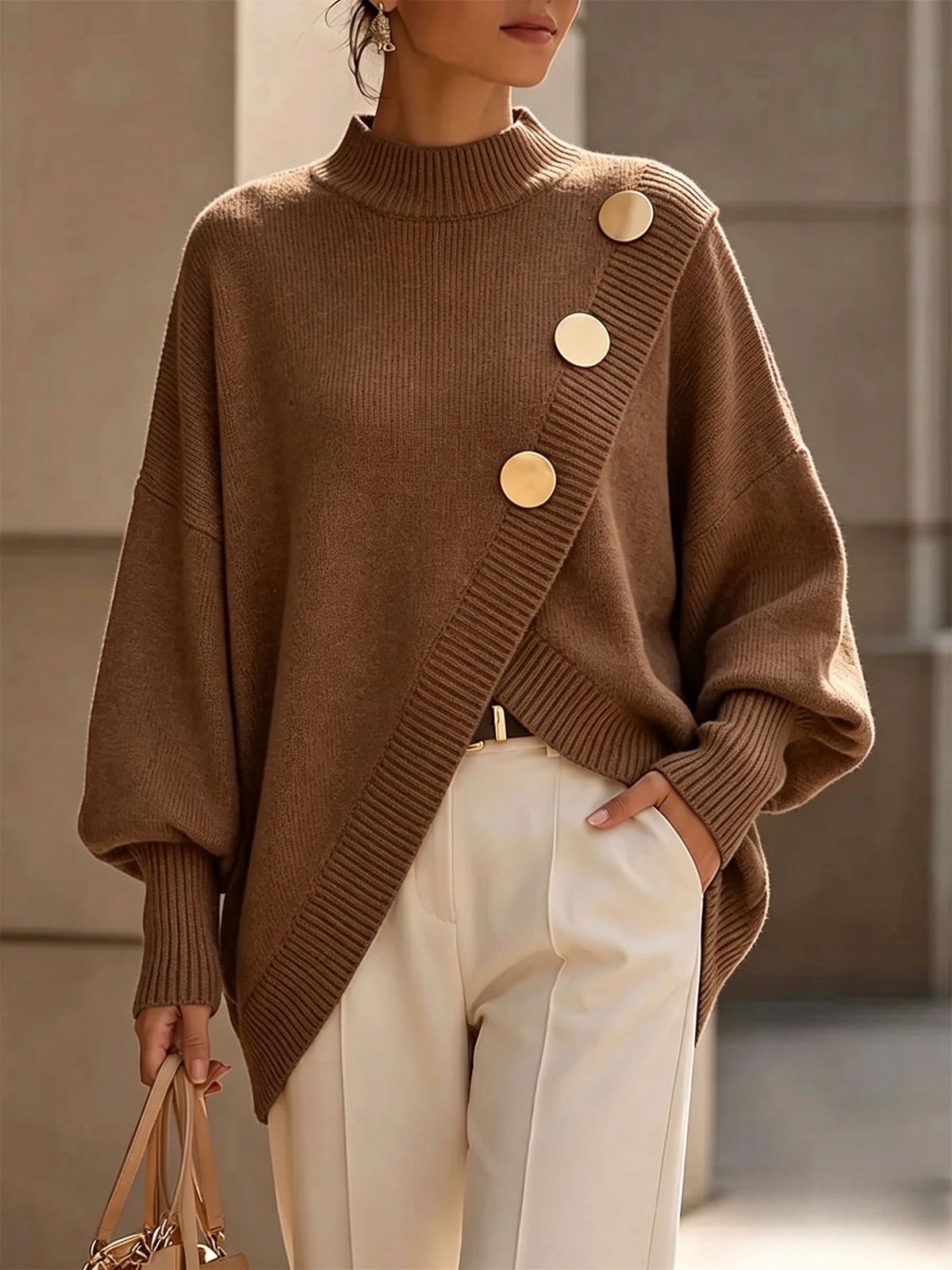Women's solid color long sleeved casual irregular elegant sweater in autumn and winter
