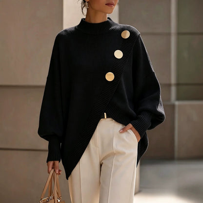 Women's solid color long sleeved casual irregular elegant sweater in autumn and winter