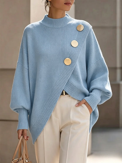 Women's solid color long sleeved casual irregular elegant sweater in autumn and winter