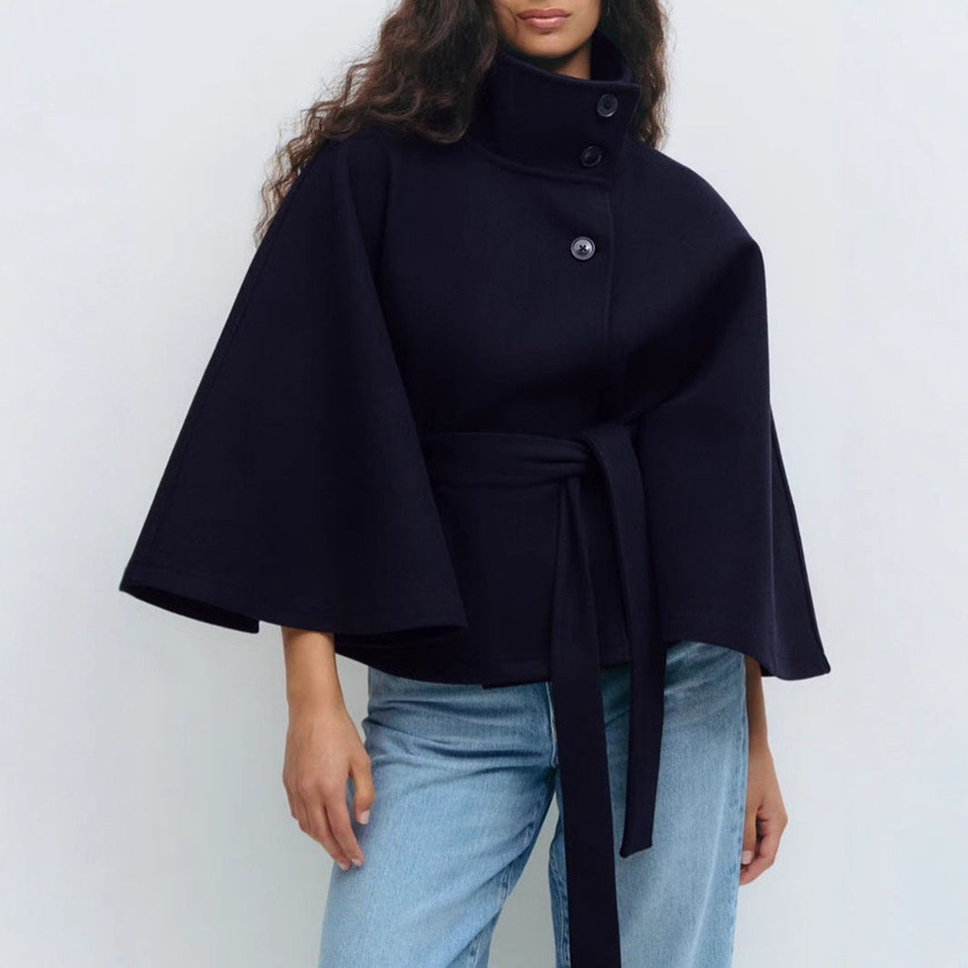 Fashionable Solid Color Cape Collar Buttoned Belted Trench Coat for Women