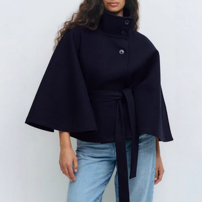 Fashionable Solid Color Cape Collar Buttoned Belted Trench Coat for Women