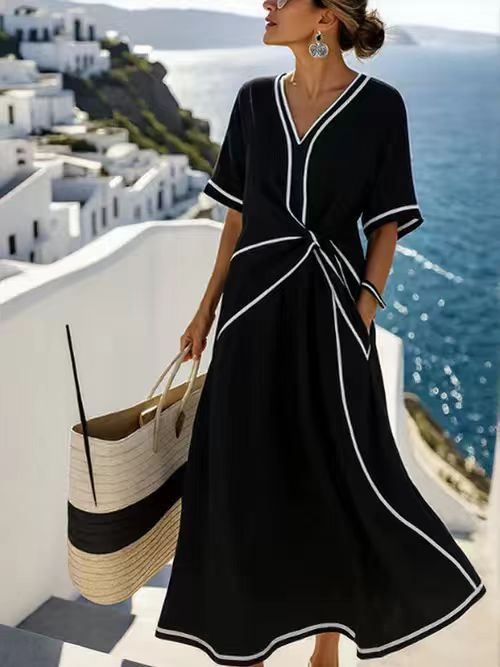 V-neck printed striped dress for women