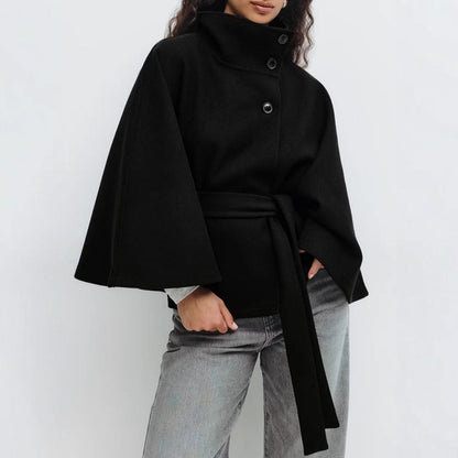 Fashionable Solid Color Cape Collar Buttoned Belted Trench Coat for Women