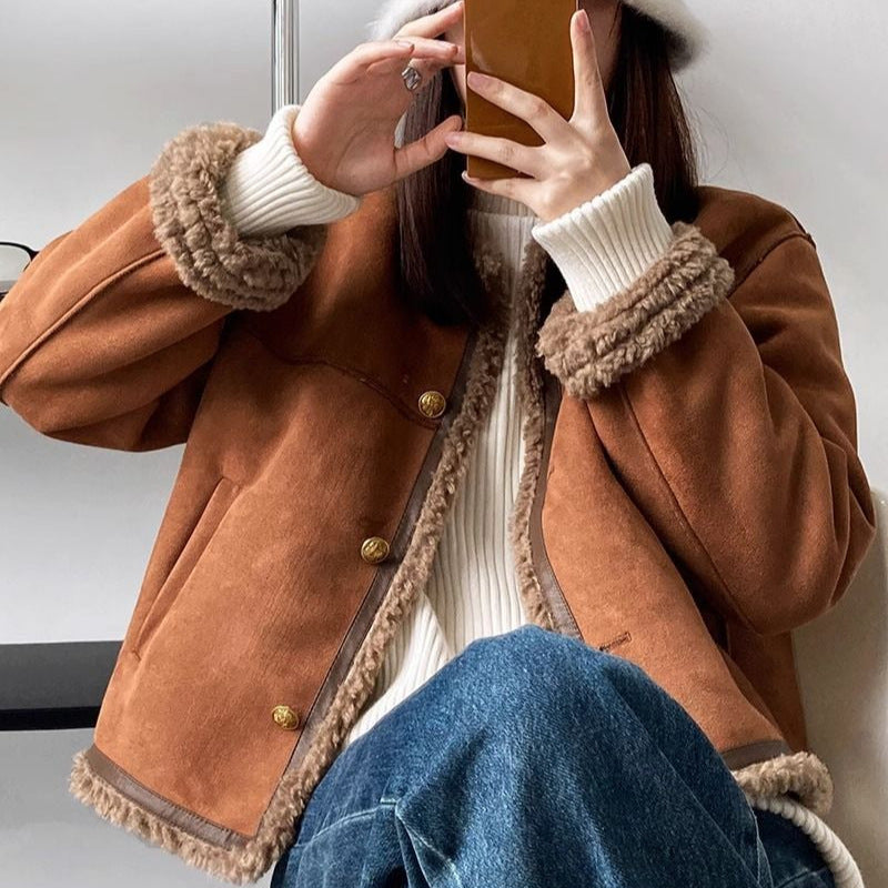 High-end Design Chinoiserie Faux Fur Casual Versatile Short Jacket for Women Winter Thickened Coat
