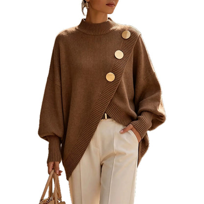 Women's solid color long sleeved casual irregular elegant sweater in autumn and winter