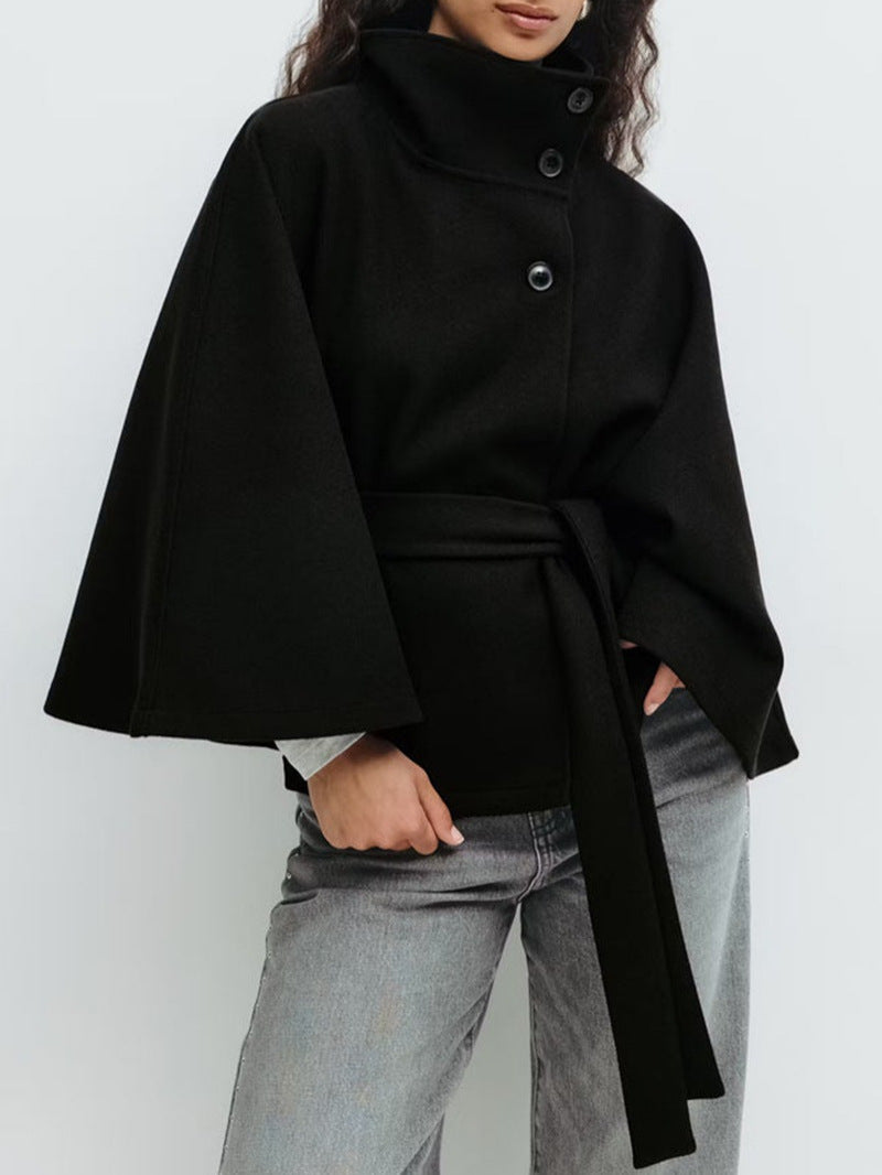 Fashionable Solid Color Cape Collar Buttoned Belted Trench Coat for Women