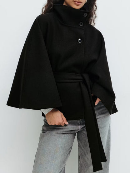 Fashionable Solid Color Cape Collar Buttoned Belted Trench Coat for Women