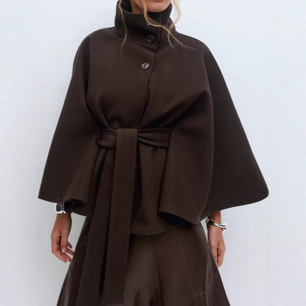 Fashionable Solid Color Cape Collar Buttoned Belted Trench Coat for Women