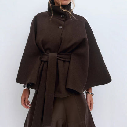 Fashionable Solid Color Cape Collar Buttoned Belted Trench Coat for Women