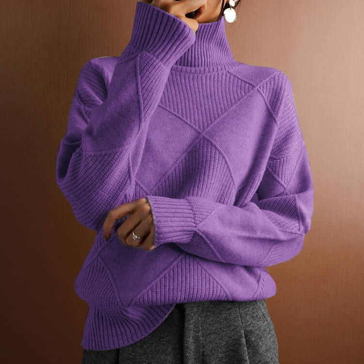 European and American loose fitting style commuting sweater, solid color high neck diamond fashionable sweater for women