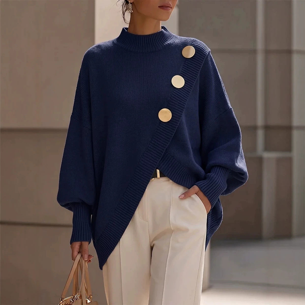 Women's solid color long sleeved casual irregular elegant sweater in autumn and winter