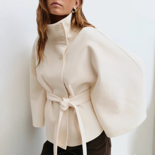 Fashionable Solid Color Cape Collar Buttoned Belted Trench Coat for Women