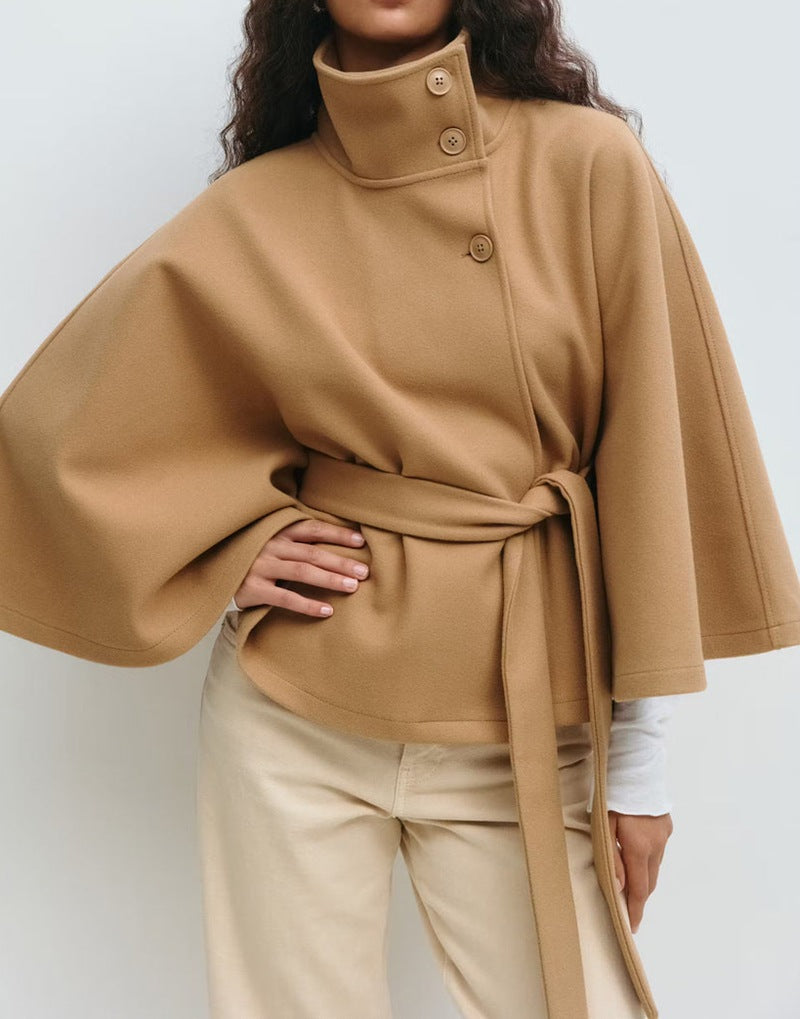 Fashionable Solid Color Cape Collar Buttoned Belted Trench Coat for Women