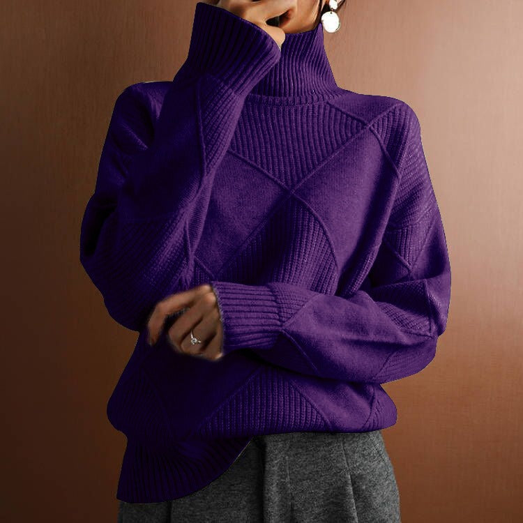 European and American loose fitting style commuting sweater, solid color high neck diamond fashionable sweater for women