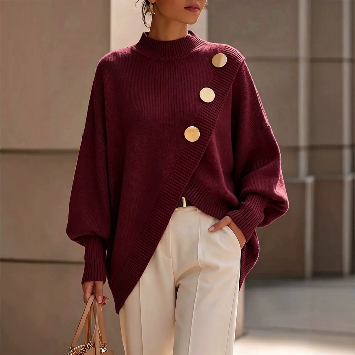 Women's solid color long sleeved casual irregular elegant sweater in autumn and winter