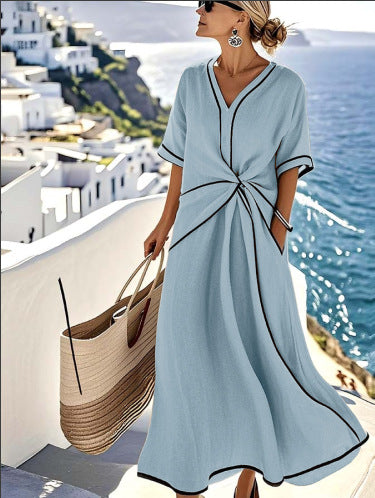 V-neck printed striped dress for women