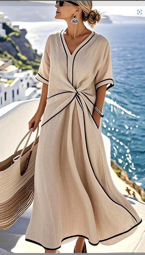 V-neck printed striped dress for women