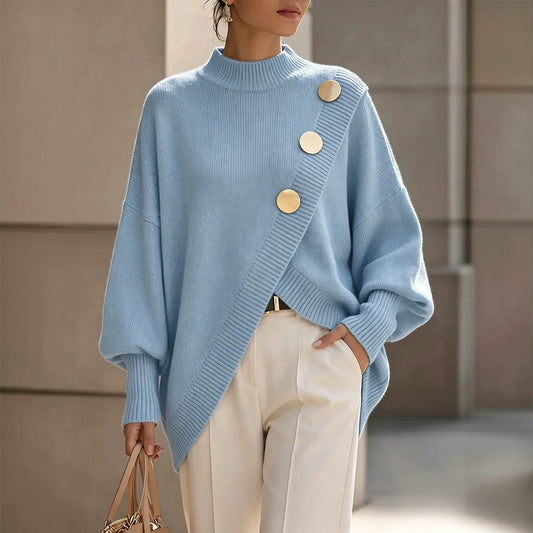 Women's solid color long sleeved casual irregular elegant sweater in autumn and winter