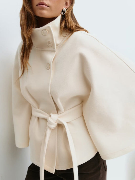 Fashionable Solid Color Cape Collar Buttoned Belted Trench Coat for Women