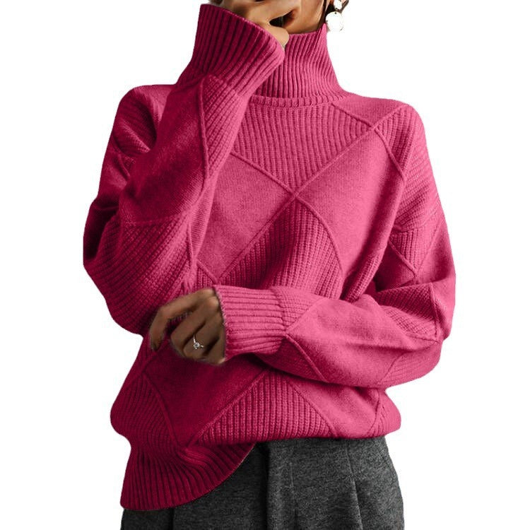European and American loose fitting style commuting sweater, solid color high neck diamond fashionable sweater for women