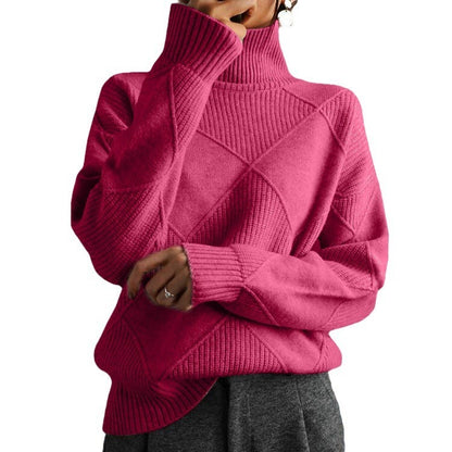 European and American loose fitting style commuting sweater, solid color high neck diamond fashionable sweater for women