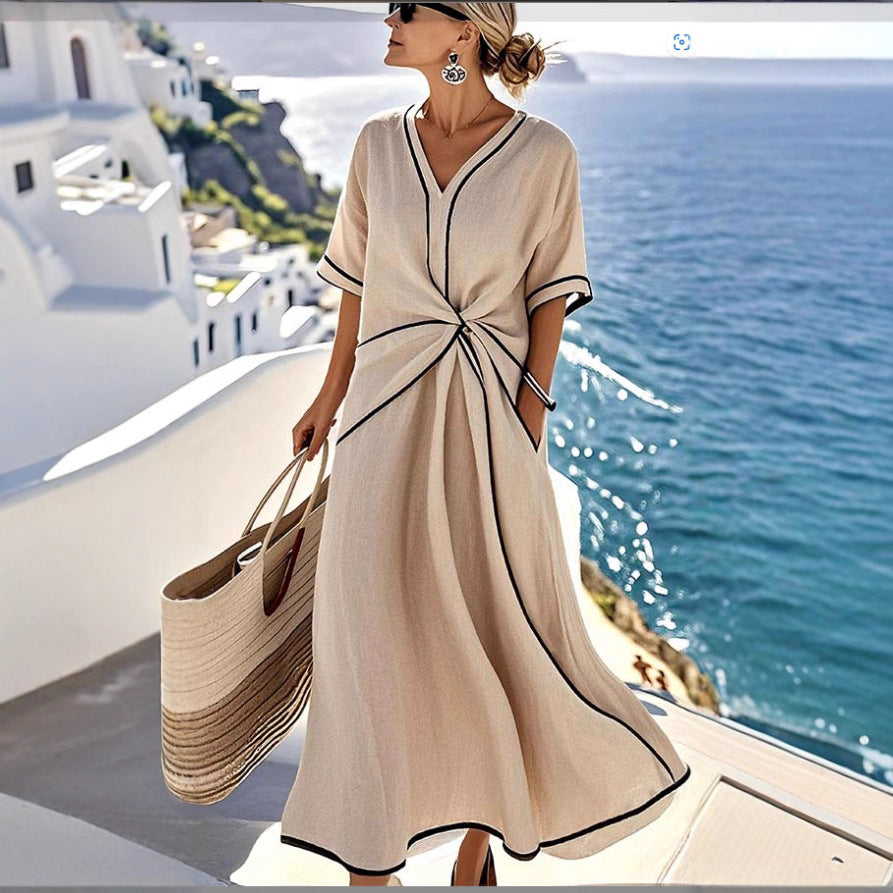 V-neck printed striped dress for women