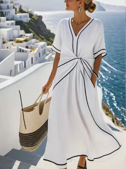 V-neck printed striped dress for women