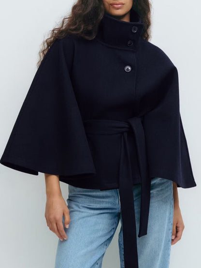 Fashionable Solid Color Cape Collar Buttoned Belted Trench Coat for Women