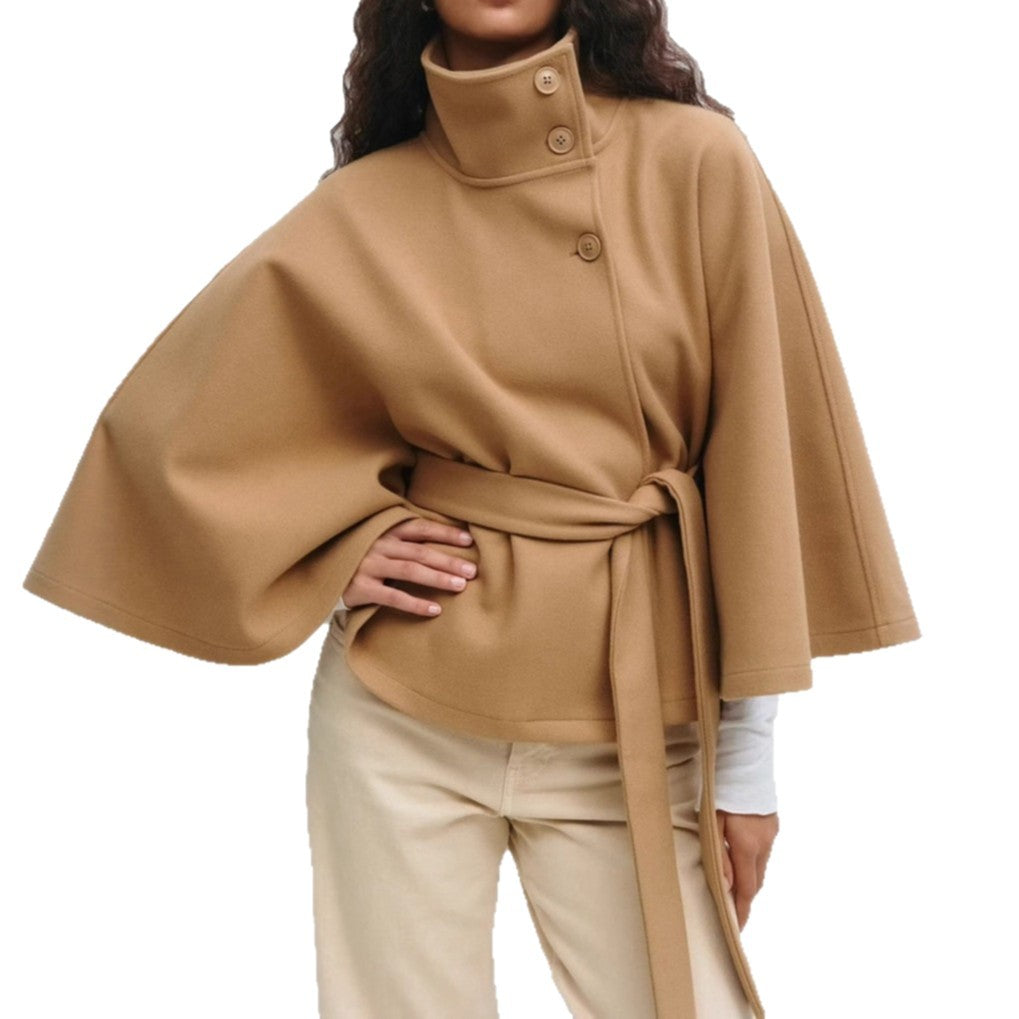 Fashionable Solid Color Cape Collar Buttoned Belted Trench Coat for Women